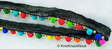 Multicoloured Velvet Beads With Black Cotton Trim, Fringe Trim, Approx. 16 mm wide - 210119L367